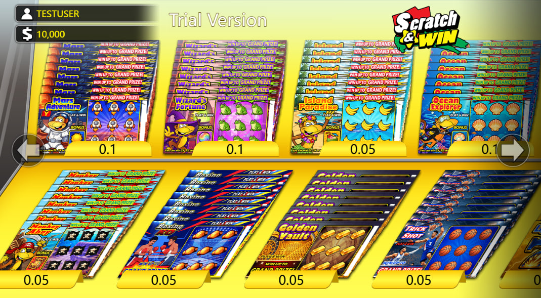Digital terminal menu in Scratch and Win slot displaying various ticket themes with individual card prices to help players choose their entry costs.