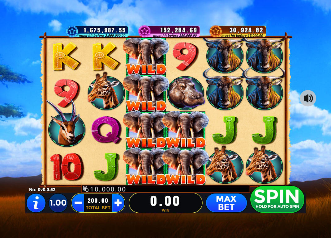 Serengeti slot main six reel interface displaying elephant wild stacks and progressive jackpots for strategic layout planning.