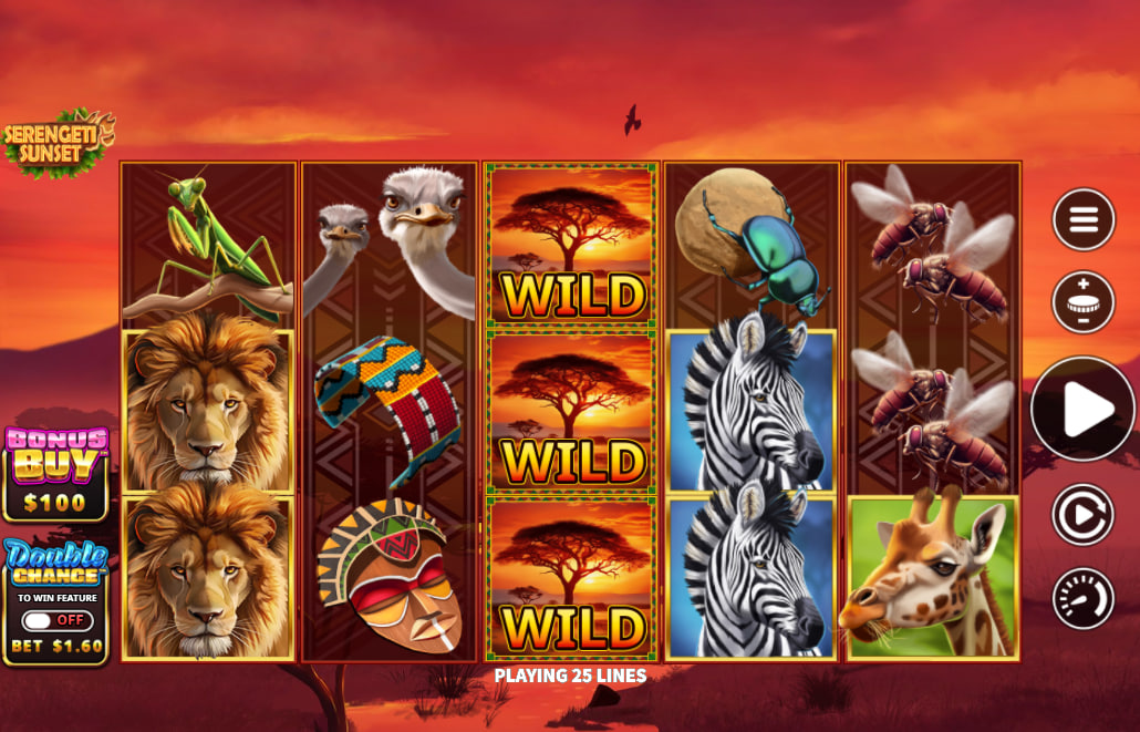 The bet selection configuration panel in Serengeti Sunset slot showing the coin adjustment values for fine-tuning the session stake per spin.