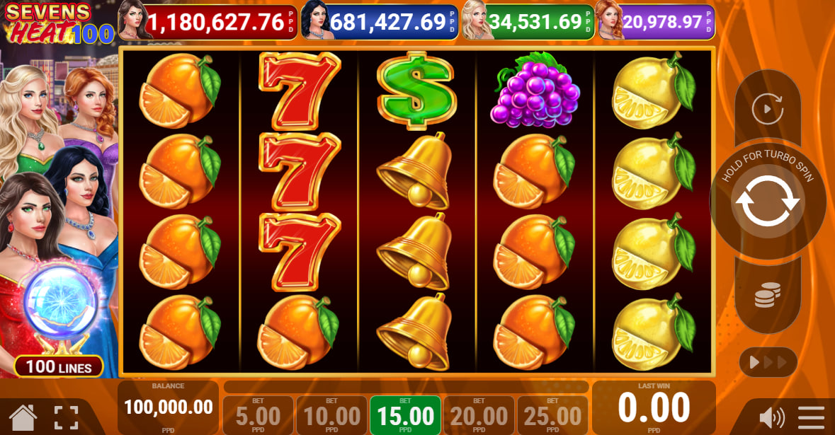 Main 5-reel grid of Sevens Heat 100 slot displaying active jackpot tracks at the top for real-time prize monitoring.