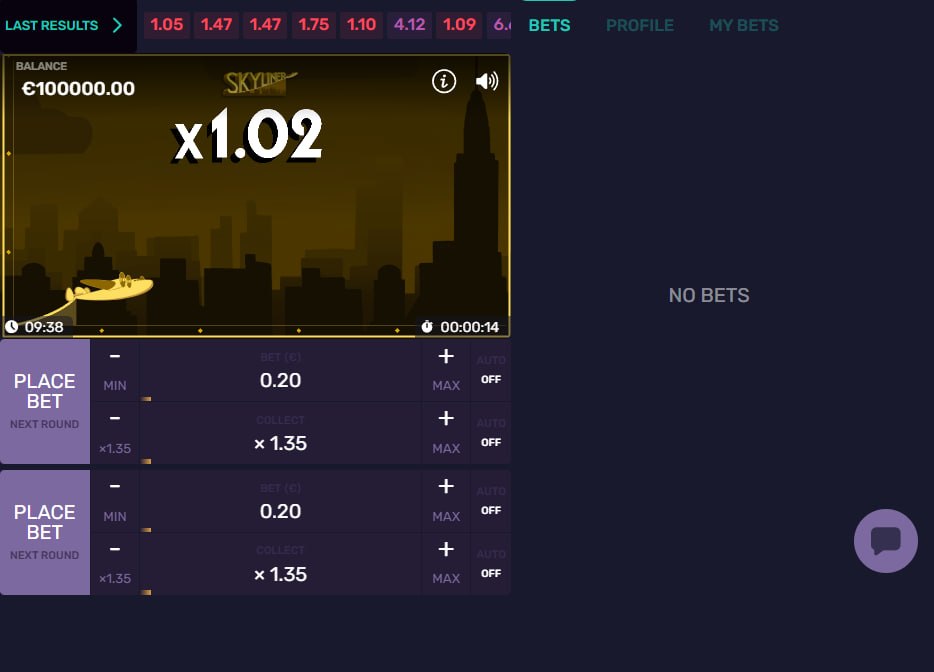 An art deco plane flying low at a 1.02x multiplier on a dark gold skyline layout highlighting a rapid real-time crash sequence.
