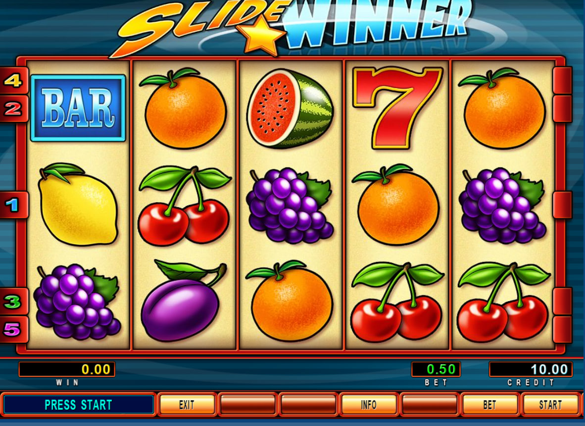 High value symbol paytable in Slide Winner slot showcasing the specific payout numbers for matching five Red Sevens on a fixed line.
