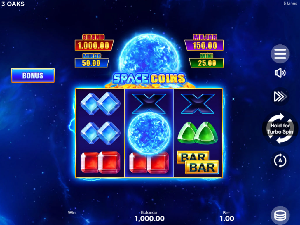 Space Coins 3x3 slot grid with Grand Major Minor and Mini jackpot displays showing cosmic theme background