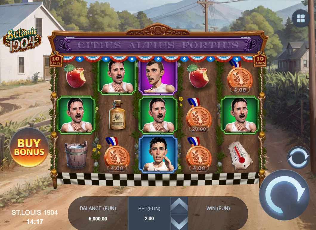 Main gameplay layout of St. Louis 1904 slot displaying historic runner symbols and medal multipliers on the grid to show winning combinations.