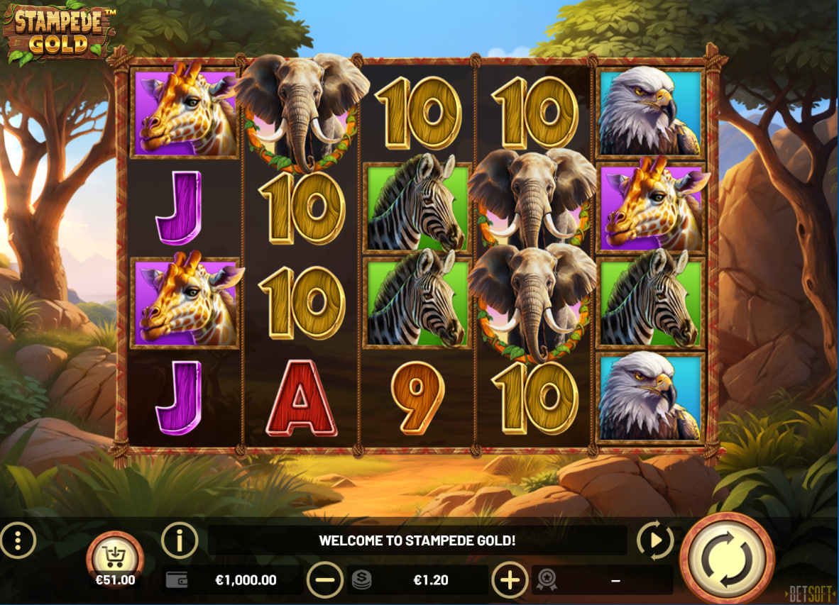 Stampede Gold slot grid showcasing elephant and giraffe symbols on the reels which is critical for evaluating the visual layout.