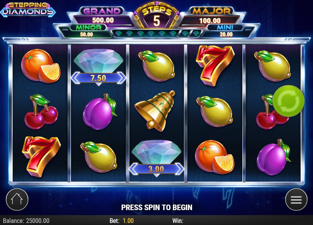 Main 5x3 grid of Stepping Diamonds slot showing fruit symbols and top multiplier tracker to help players understand the interface layout.