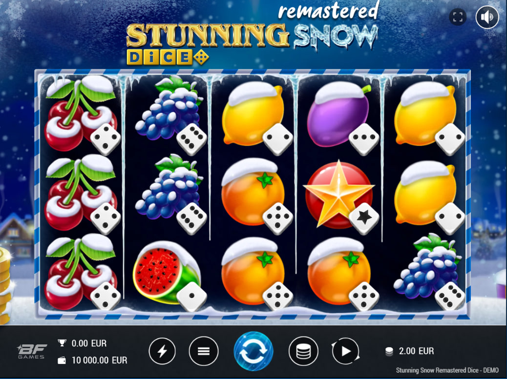 Main 5x3 reel set of Stunning Snow Remastered Dice slot showing winter symbols and dice icons to illustrate the base game interface for players.