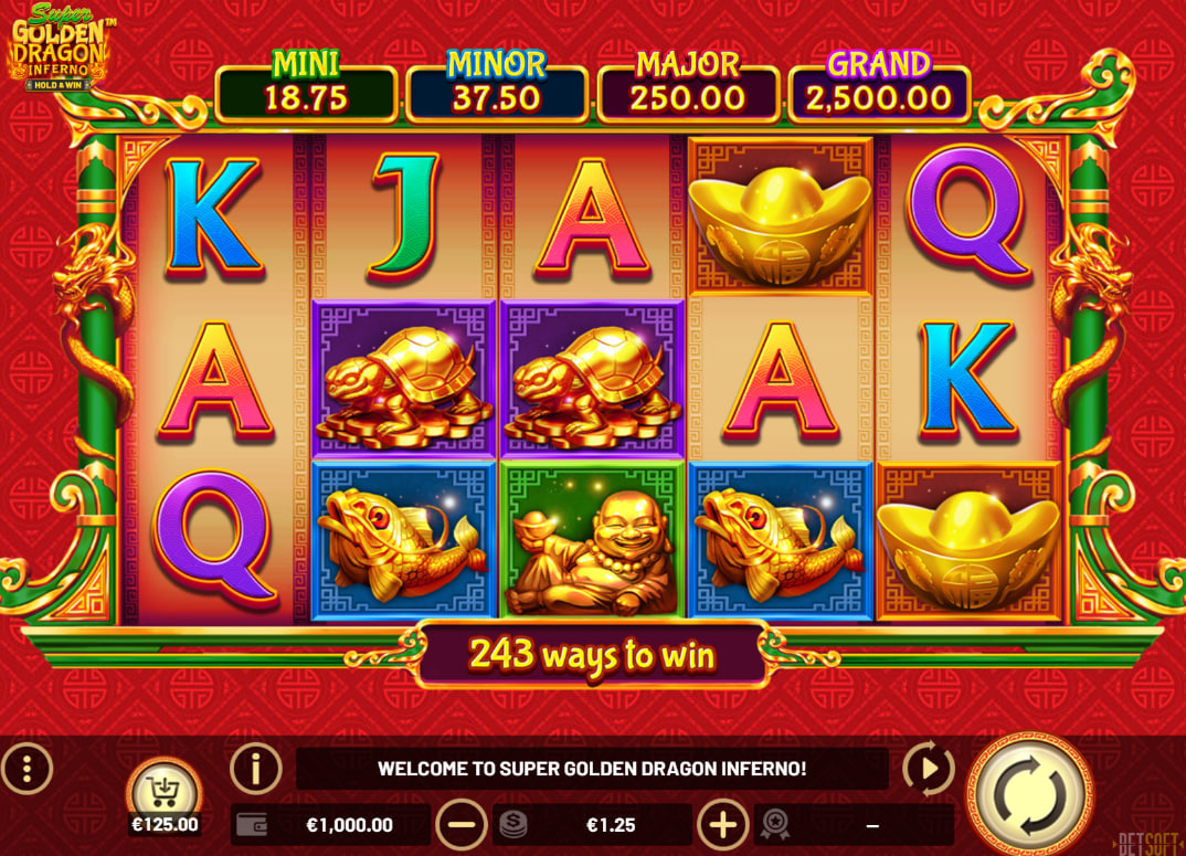 Super Golden Dragon Inferno slot base game interface displaying a five by three grid layout with vibrant gold symbols and jackpots for player reference.