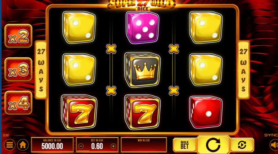Super Wild 27 Dice slot machine main game matrix showing various colored dice symbols on a three by three layout for tracking winning ways.