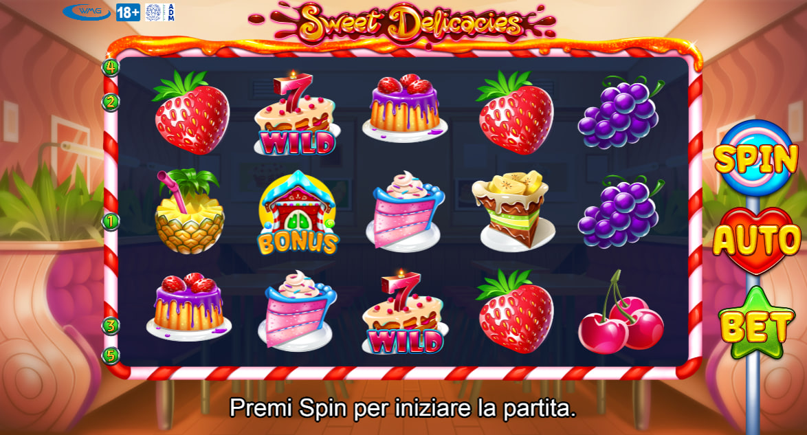 Sweet Delicacies slot main game screen showcasing the confectionery reels layout and the control bar containing spin and bet configurations for players.