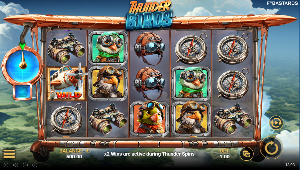Armored pilot bird symbols spinning on a five-by-three grid in Thunder Birds slot to show the standard base game interface and payline structure.