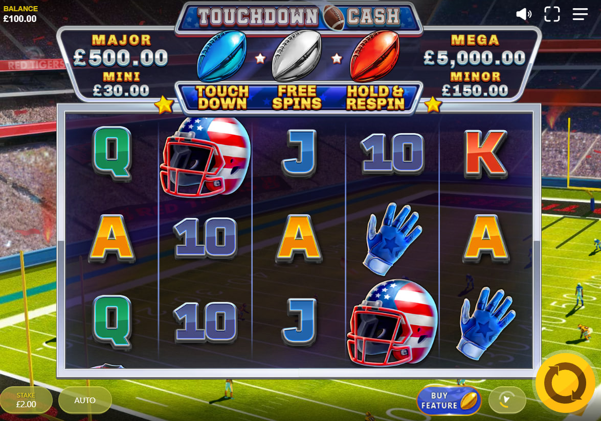 Touchdown Cash slot base game interface showing five reels three rows and three trophy progression meters above the gridiron matrix