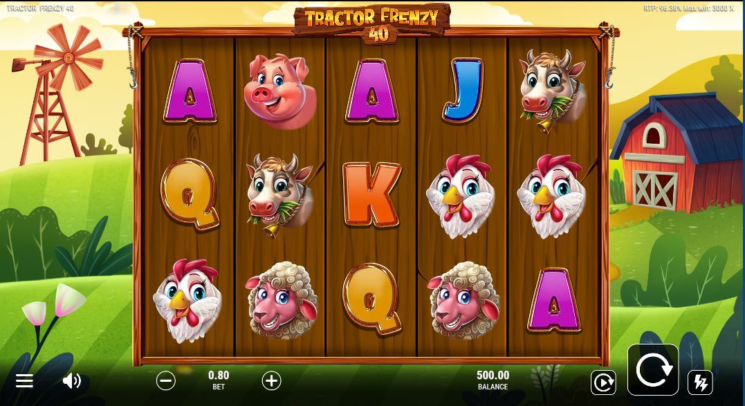 Main 5x3 reel grid of Tractor Frenzy 40 slot showing high-paying farm animal symbols on a wooden background for line win assessment.
