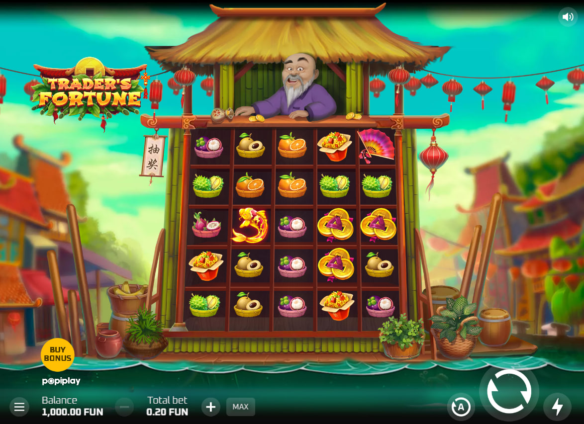 Trader’s Fortune slot base game interface displaying a 5x5 grid with fruit symbols below an animated marketplace merchant.