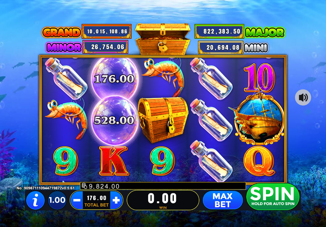 Purple bubble bonus symbols locking onto an underwater slot grid during the hold and win feature to award total bet cash multipliers to the player.