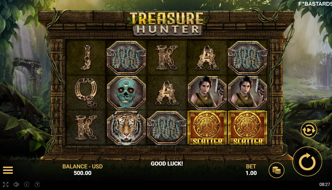 Main gameplay interface of Treasure Hunter slot featuring five reels with card symbols and golden scatter plates to help players track winning patterns.