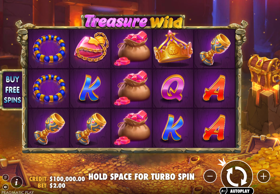 Main 5x3 reel set of Treasure Wild slot featuring crown and money bag symbols in a gold vault setting.