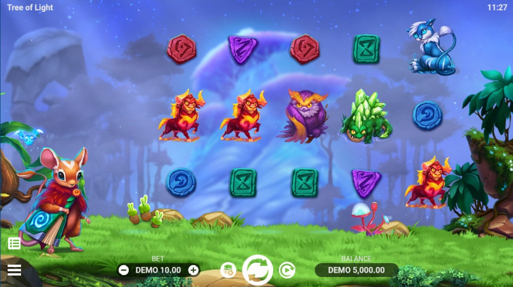 Tree of Light slot main game screen showing Lupin the mouse adventurer standing next to the 5x3 reels in a mystical forest setting.