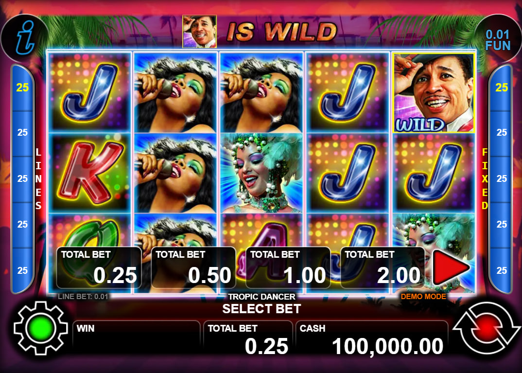 Wild symbol landing on the fifth reel of Tropic Dancer slot grid substituting for adjacent standard icons to create winning configurations.