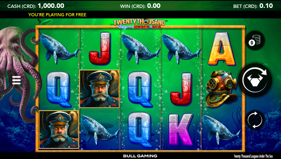The five-reel layout of Twenty Thousand Leagues Under The Sea slot showing premium whale symbols which is crucial for identifying high-paying combinations.