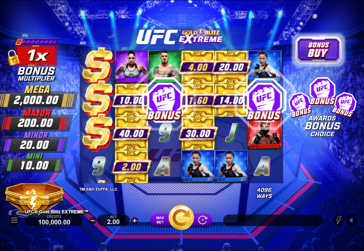 Main gameplay layout of UFC Gold Blitz Extreme slot showing fighting symbols and progressive metrics to gauge current session status.