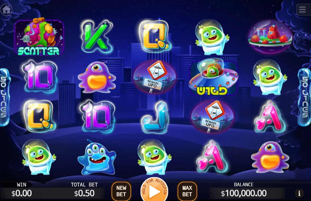 Full 5x3 grid of UFO slot by KA Gaming showing neon alien symbols and 50 payline structure for player bankroll monitoring.