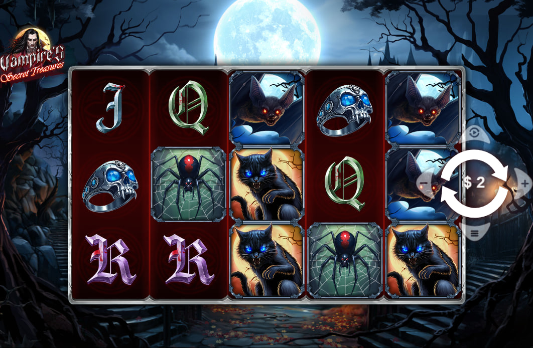 Vampire’s Secret Treasures 5x3 slot interface showing the gothic reel layout and 50 payline structure for player orientation.