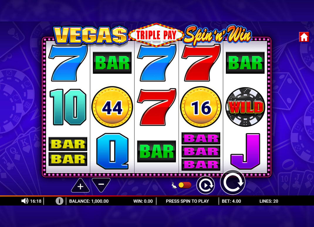 Five retro slot reels inside Vegas Triple Pay Spin n Win game showcasing classic blue sevens, bar combinations, and interface panels.