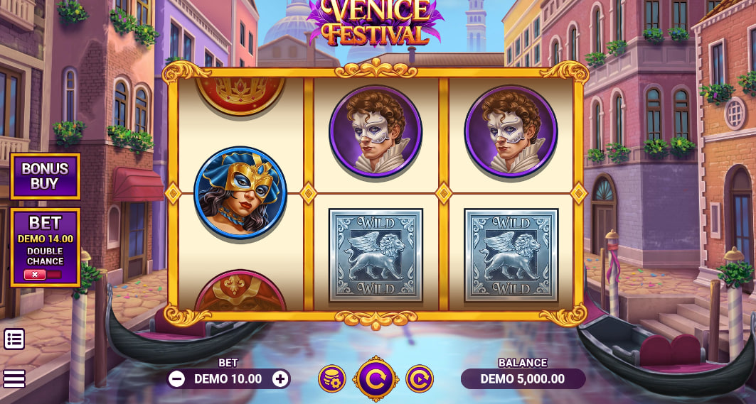 Venice Festival slot main game screen featuring colorful carnival masks and ornate gold reels against a Venetian canal backdrop.