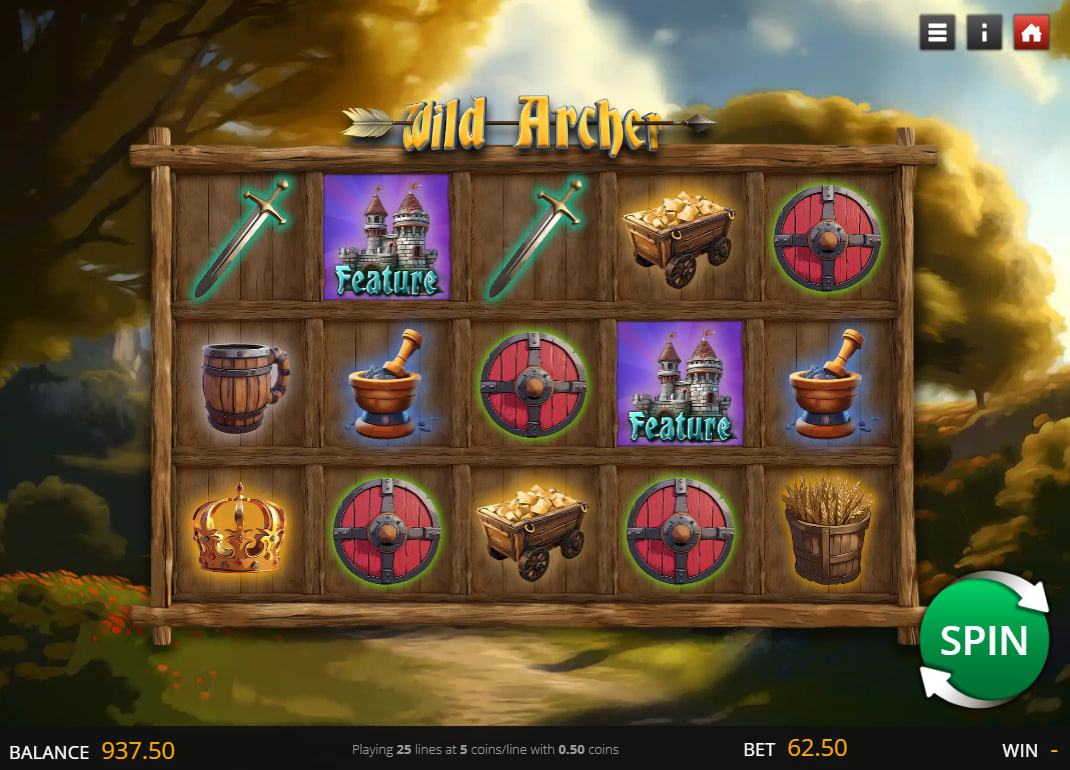 Full 5-reel grid of Wild Archer slot showing medieval symbols like gold carts and wheat barrels in the base game.