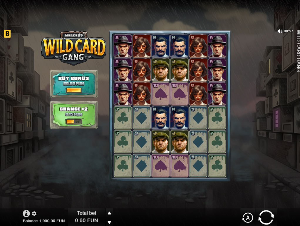 Wild Card Gang slot base game grid showcasing the 6x6 layout with gangster symbols which helps players visualize the starting interface.