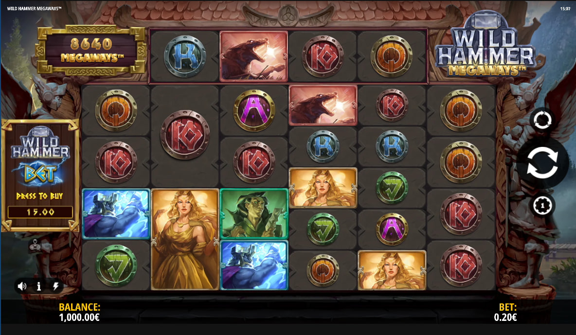Full 6-reel grid of Wild Hammer Megaways slot showing the 117,649 ways counter and Norse deity symbols for session overview.