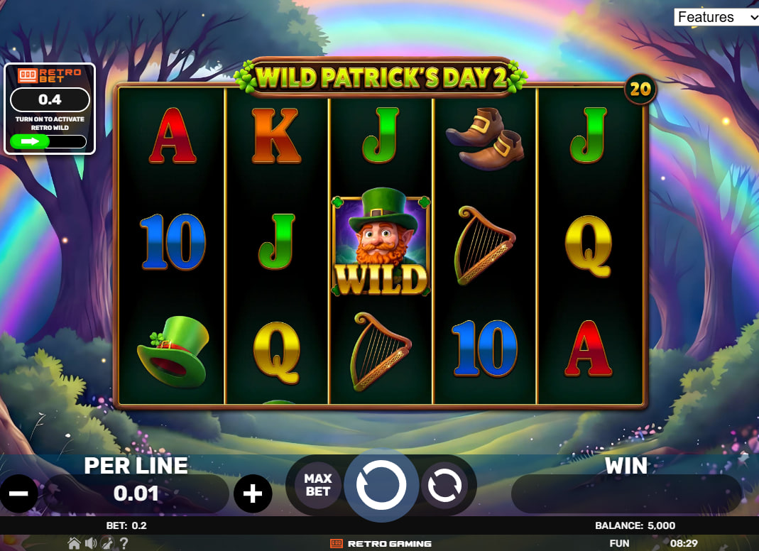 Five by three slot reel interface of Wild Patrick’s Day 2 featuring classic icons to display baseline game layout and payline paths for players.