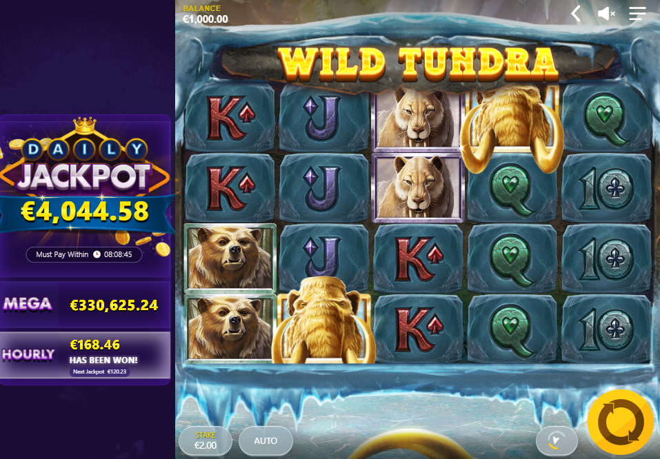 Wild Tundra slot main 5x3 grid on an ice backdrop displaying stone card values and prehistoric animal icons for player session navigation.