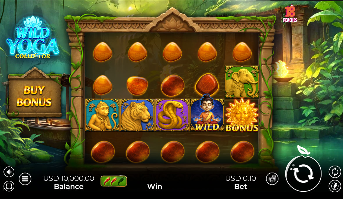 Wild Yoga Collector slot grid inside a jungle temple context showcasing the standard 5x4 reel layout and navigation buttons for optimal session control.