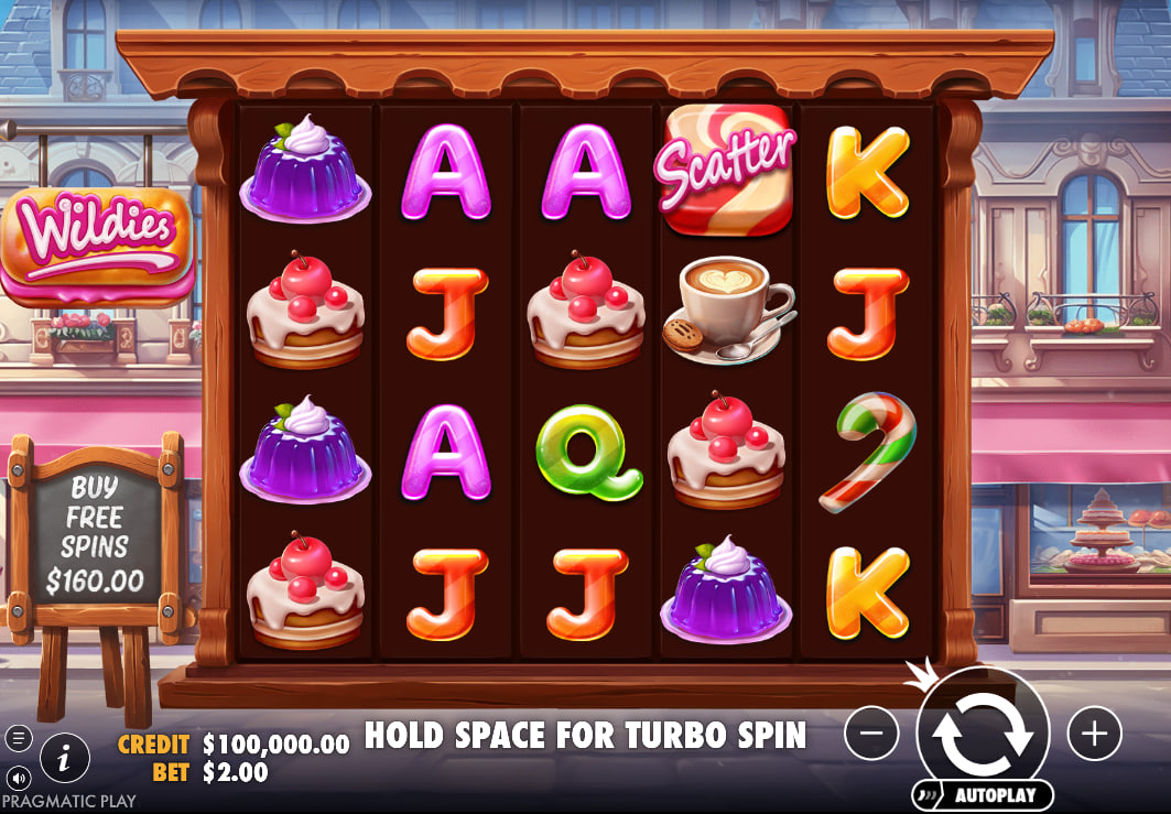 Wildies main game interface showcasing a five by four reel layout with premium bakery symbols to help players understand the base game visual grid.