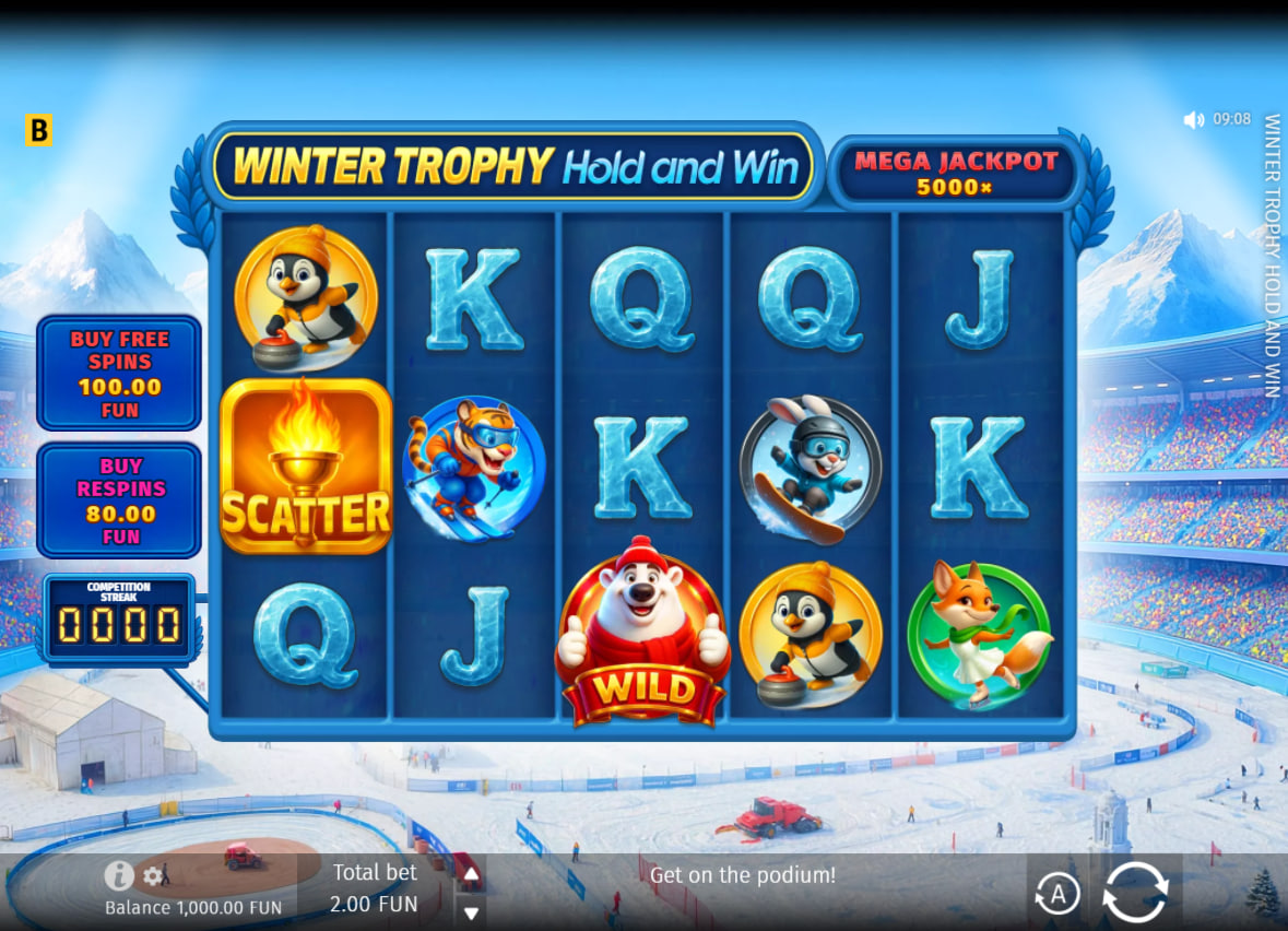 Main screen of Winter Trophy Hold and Win slot displaying the 5x3 grid layout and menu controls for real money evaluation.