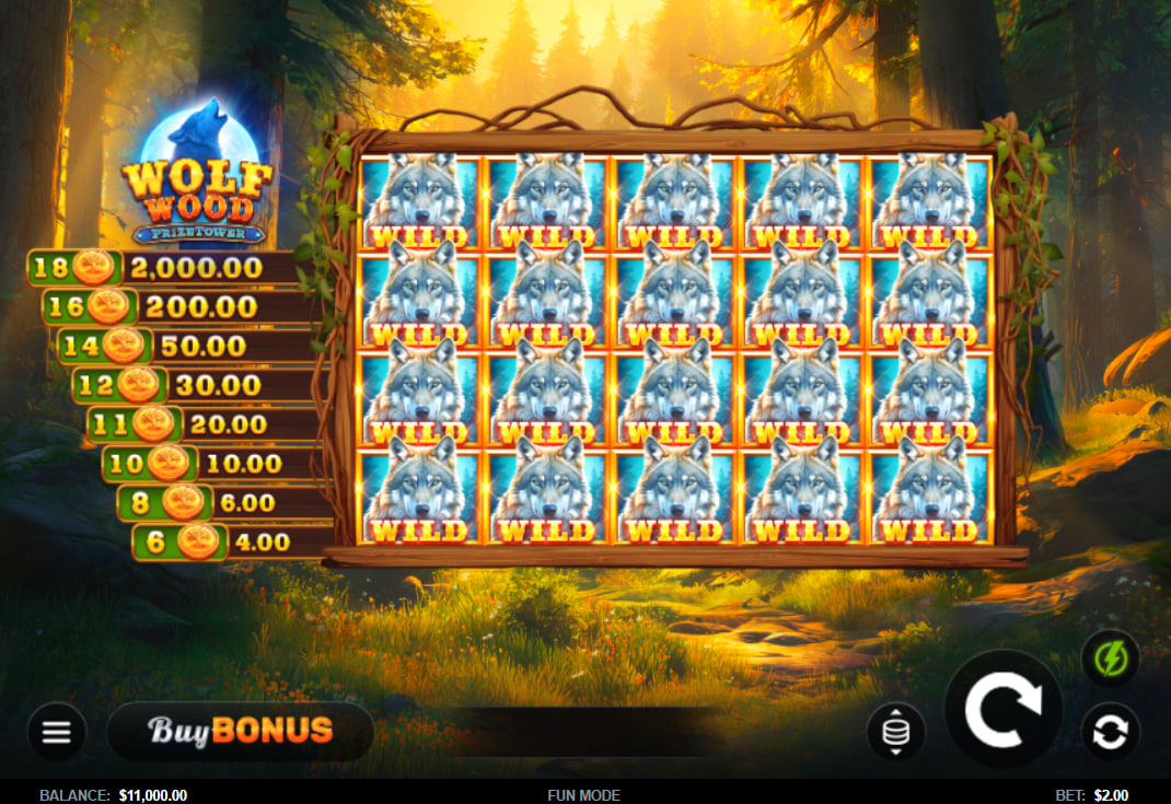 Interface of the PrizeTower showing 8 cashpot prize levels from 4 to 2000 in a forest setting for player payout tracking.
