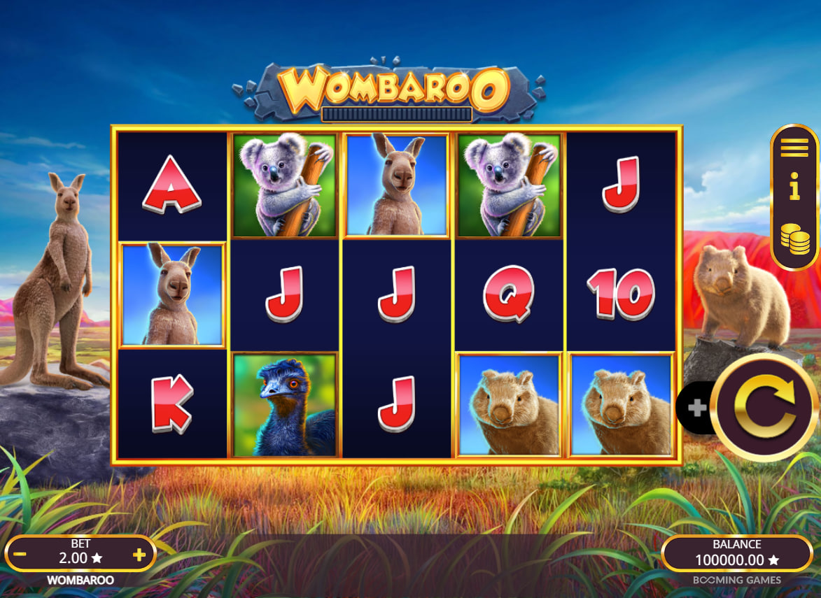Wombaroo slot main interface showing the five by three grid with outback animals to help players understand the layout.
