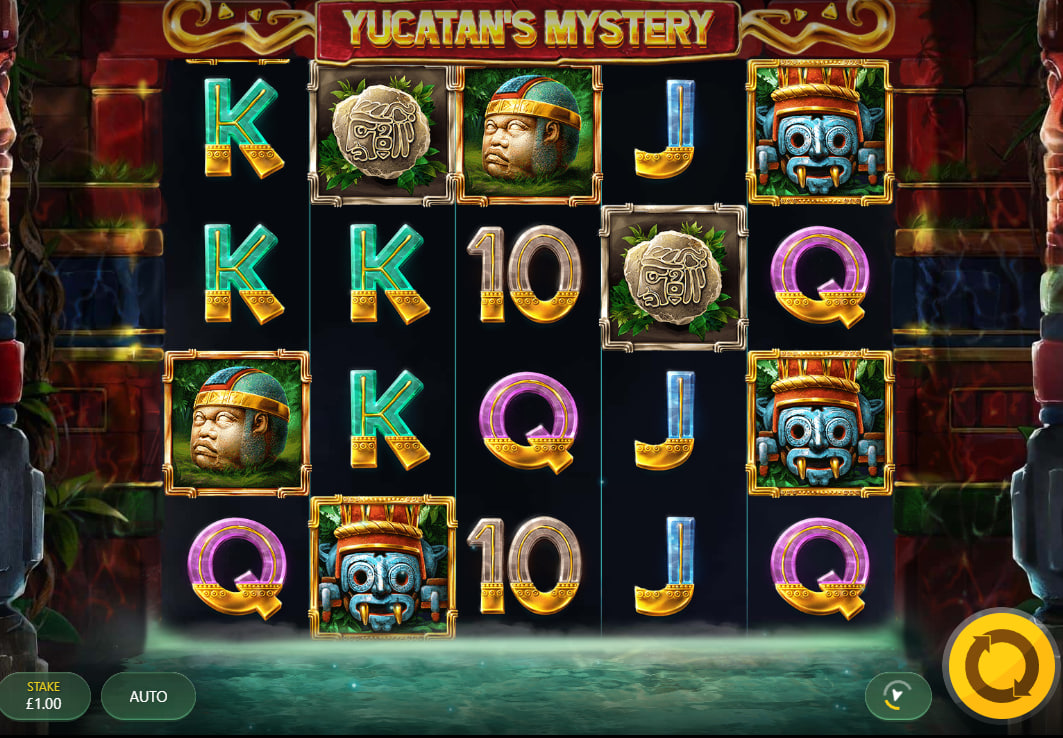 Yucatan's Mystery slot 5x4 grid featuring Mayan Princess and stone idols illustrating the high-value symbol payouts for players.