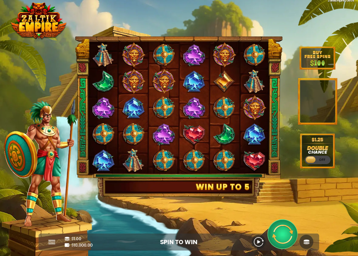 Main grid layout of Zaltik Empire slot showing tribal symbols and Aztec warrior background context to illustrate the pay-anywhere screen configuration.