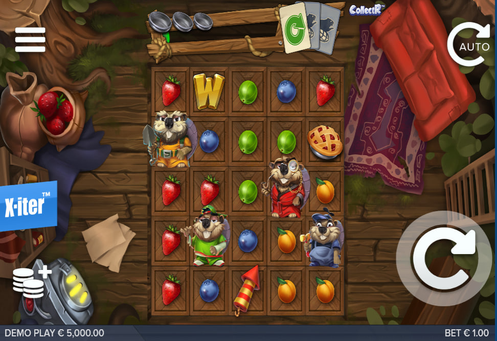 The primary five-by-five grid layout of Dam Beavers slot showing four distinct color-coded rodent characters stationed before a fresh spin sequence.