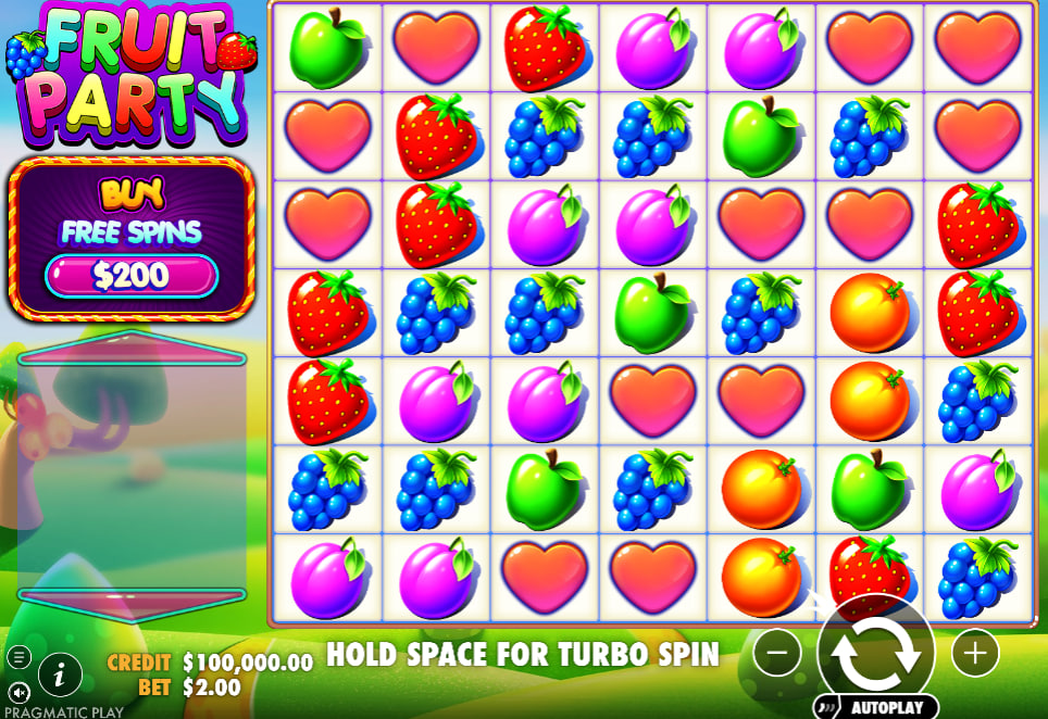 Fruit Party slot paytable matrix on web browser displaying coin values for strawberries and golden peach scatter icons to inform players of symbol returns.