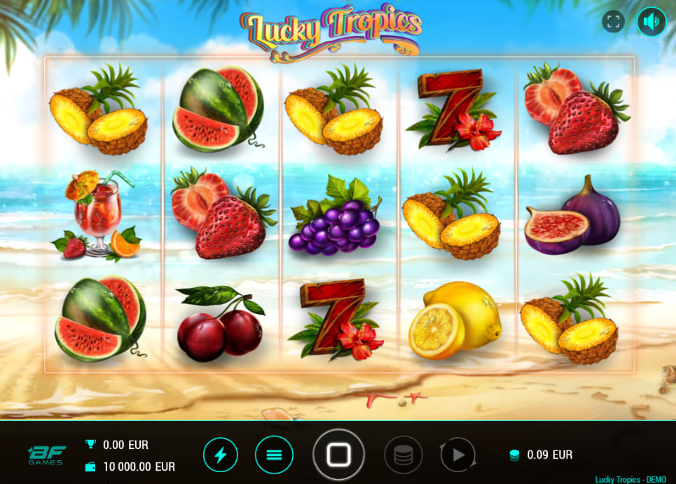 Lucky Tropics slot loading screen displaying core feature descriptions including free spins and card gamble options for player session reference.