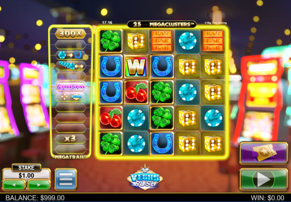 High-paying diamond tokens and poker chip symbol cluster values displayed on the official Vegas Rush slot paytable layout.